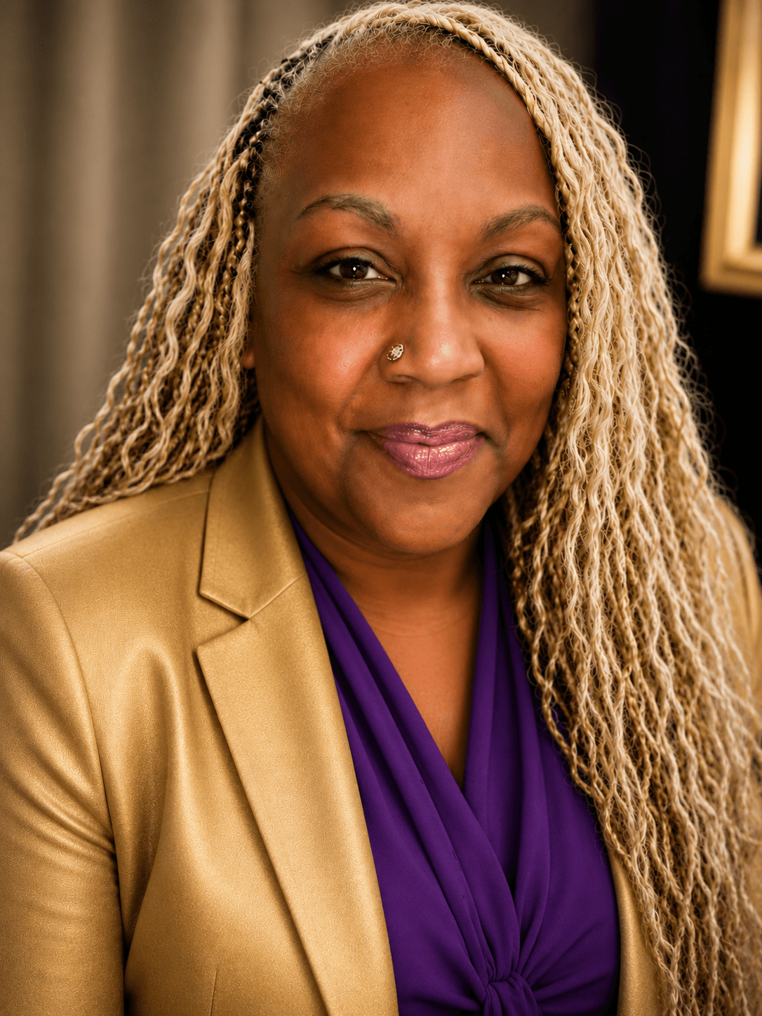 Smiling Black woman with long blonde braids, wearing a gold blazer and purple blouse.