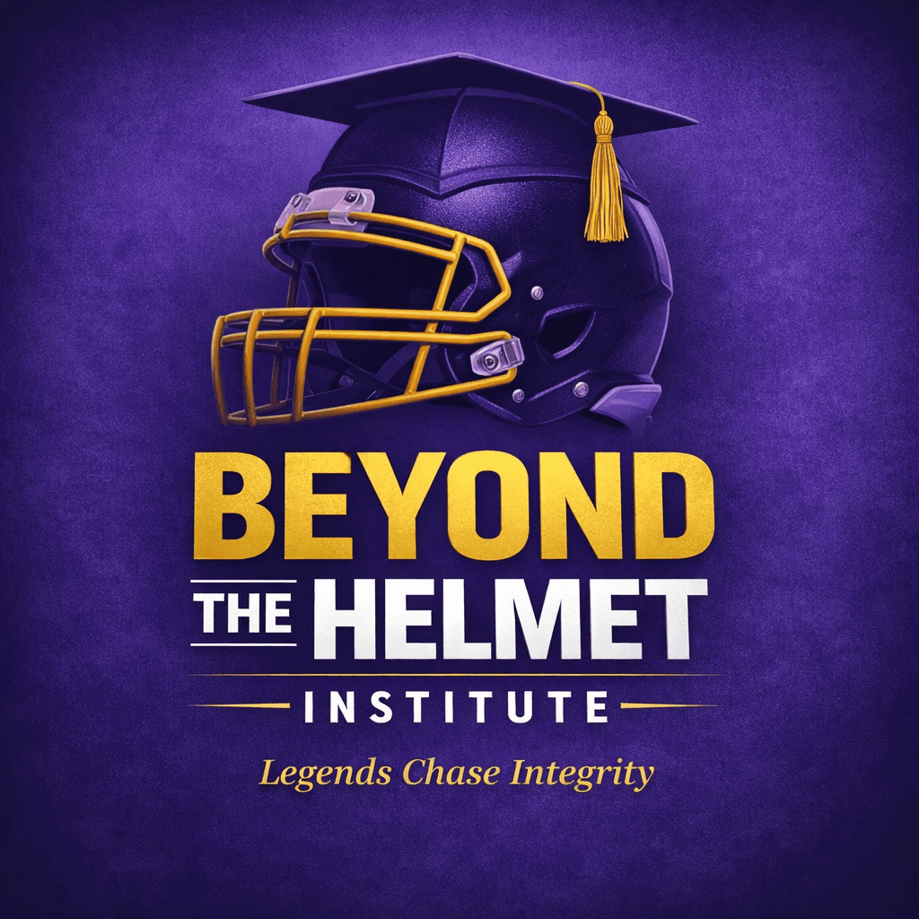 Purple football helmet wearing a graduation cap above Beyond the Helmet Institute logo text.