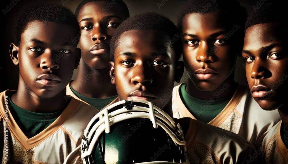 Five young Black football players in jerseys with determined expressions, holding a green helmet.