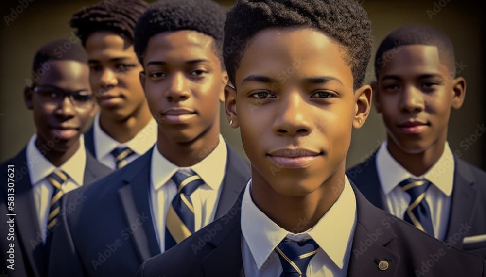 Five young Black men in professional suits and ties, standing in a staggered formation.