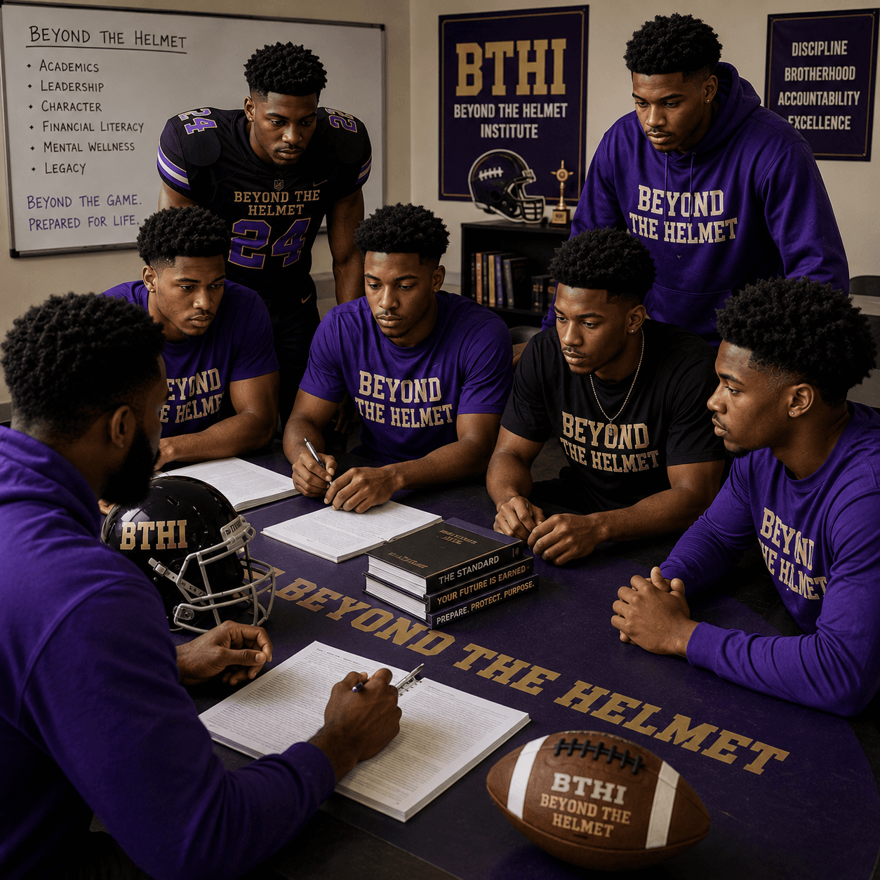 Football players in purple gear study together during a Beyond the Helmet mentorship session.