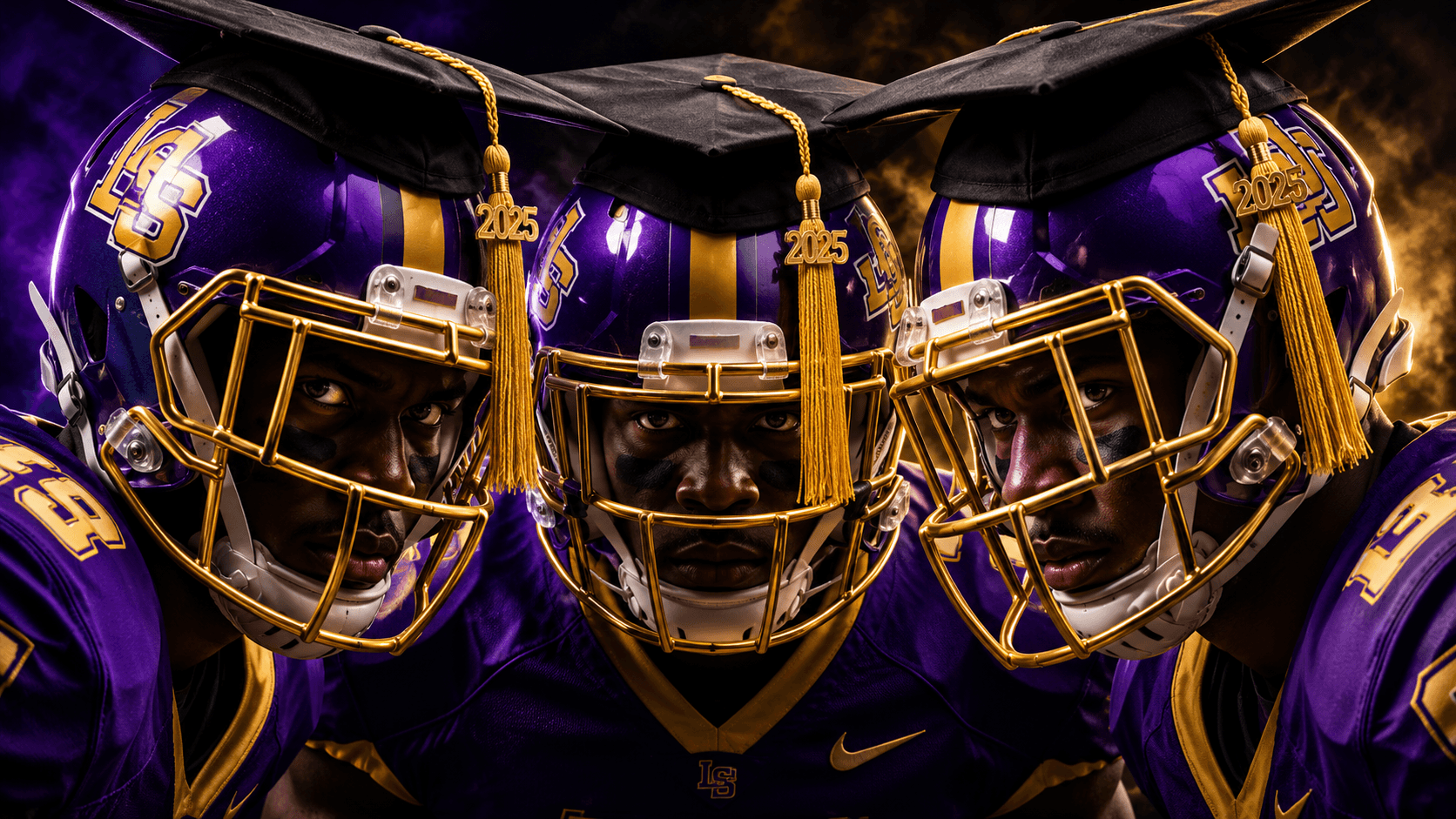 Three football players in purple and gold uniforms wearing graduation caps with 2025 tassels.