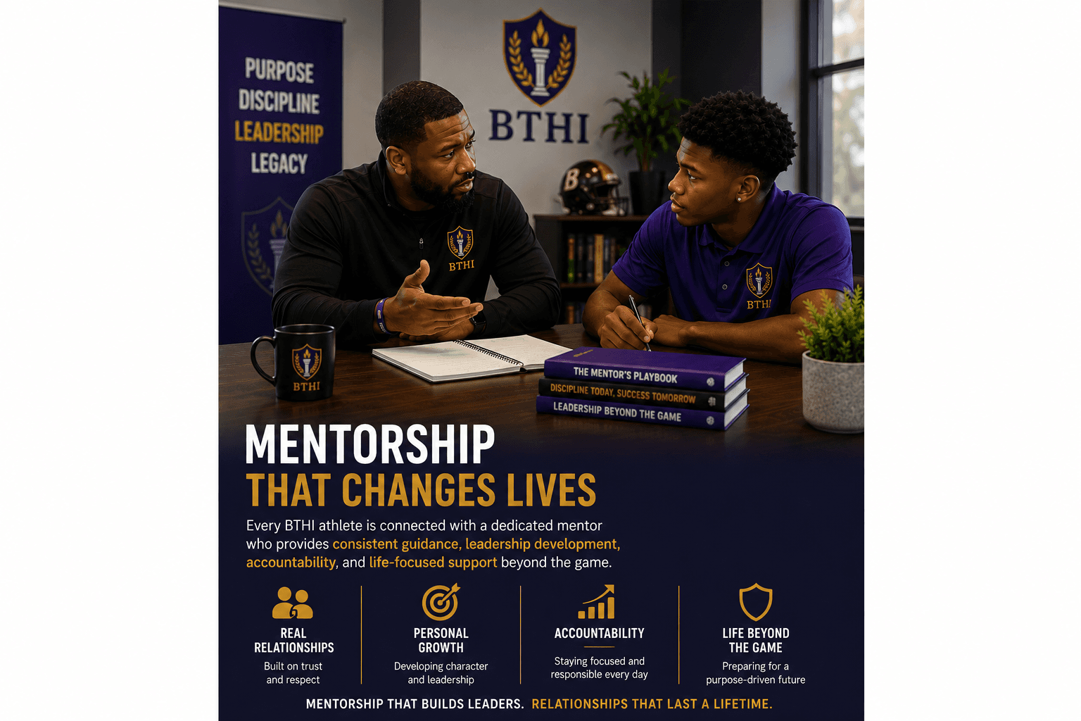 A mentor and student discuss leadership at a table with books and BTHI branding.