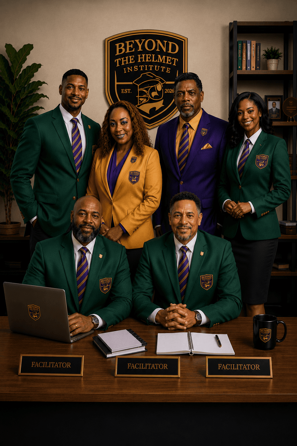 Six professionals from Beyond the Helmet Institute pose in branded blazers behind facilitator desk nameplates.