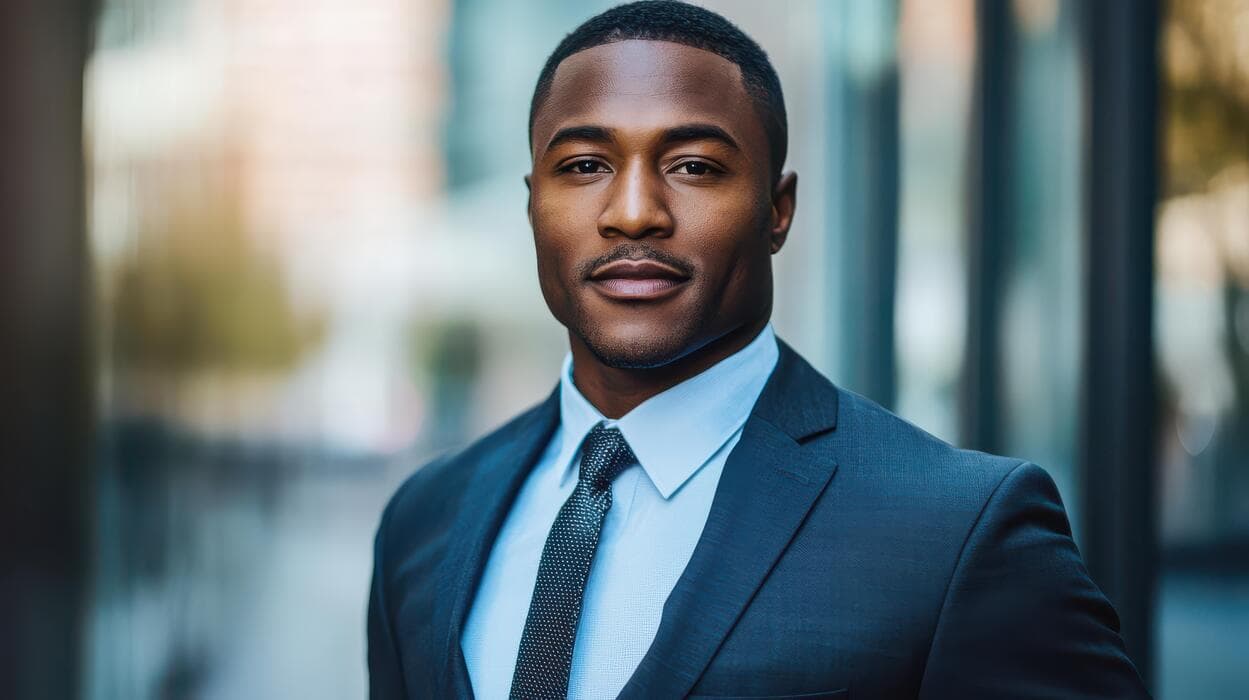 Confident Black man in a professional suit and tie against a blurred city background.