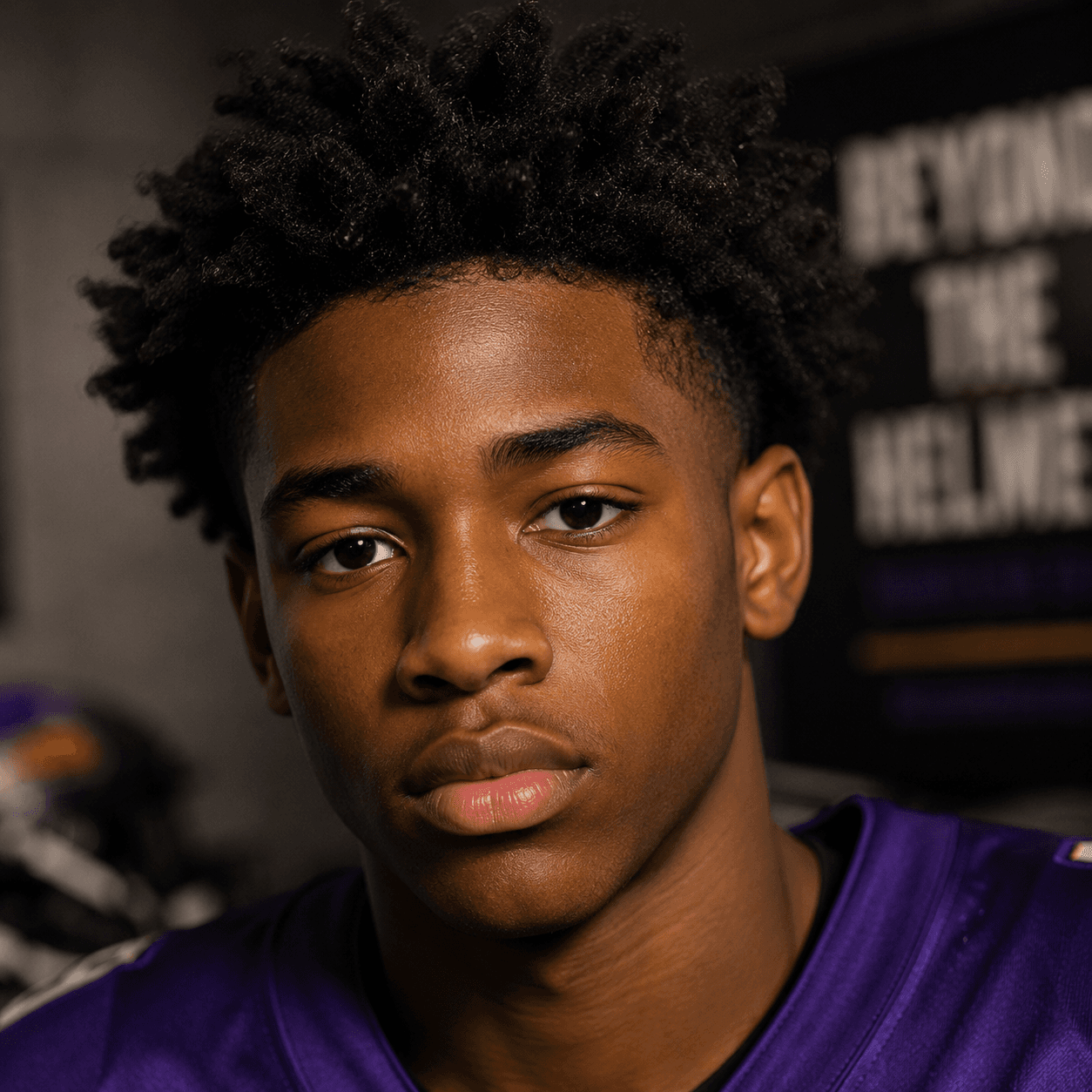 Close-up portrait of a young Black man with curly hair wearing a purple football jersey.