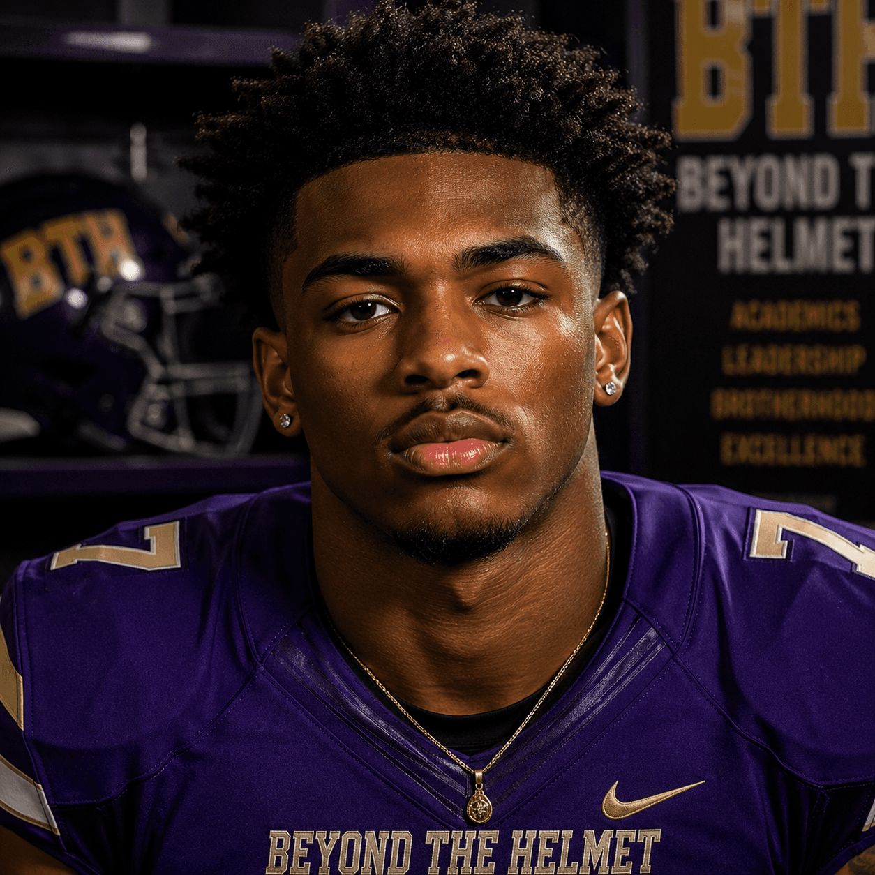 Serious young Black athlete in a purple football jersey posing in a locker room.
