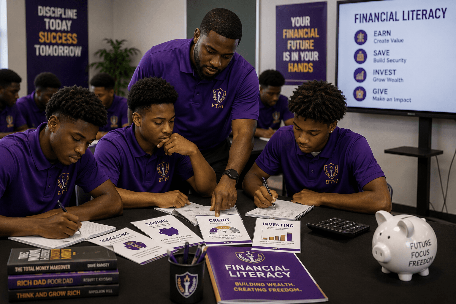 A mentor guides young men through financial literacy lessons using pamphlets on budgeting and saving.