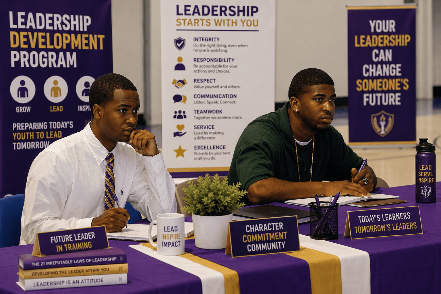 Two young men sit at a table during a leadership development program, listening attentively.